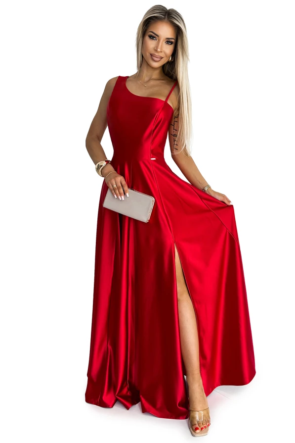 524-1 Long elegant satin one-shoulder dress - red