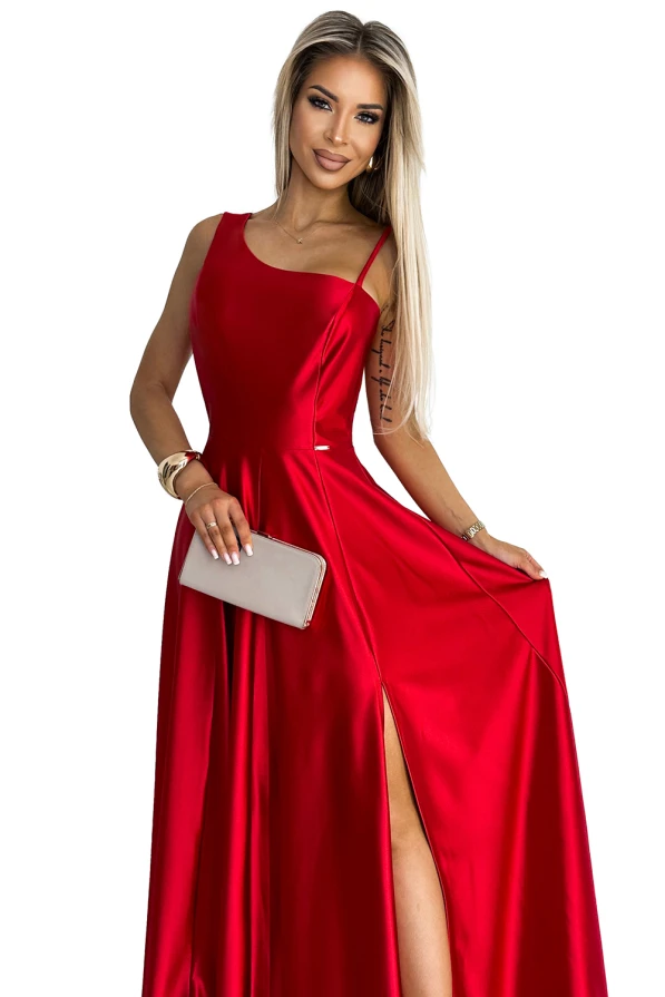 524-1 Long elegant satin one-shoulder dress - red