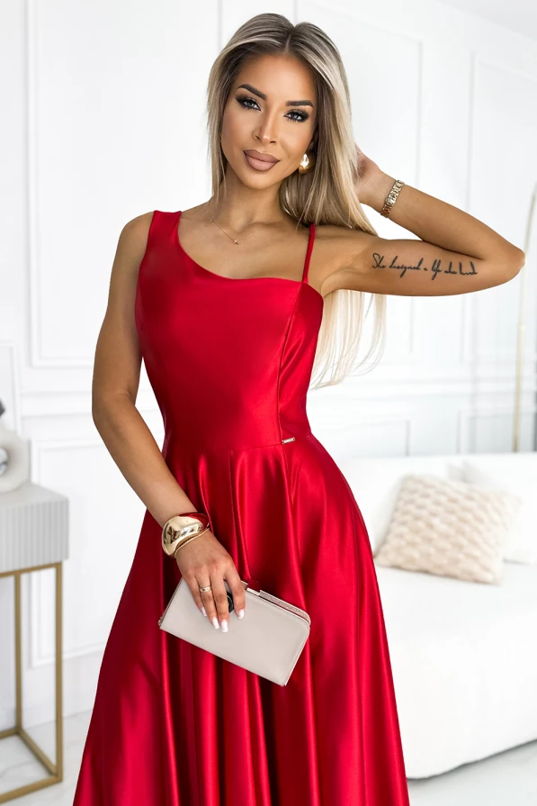 524-1 Long elegant satin one-shoulder dress - red