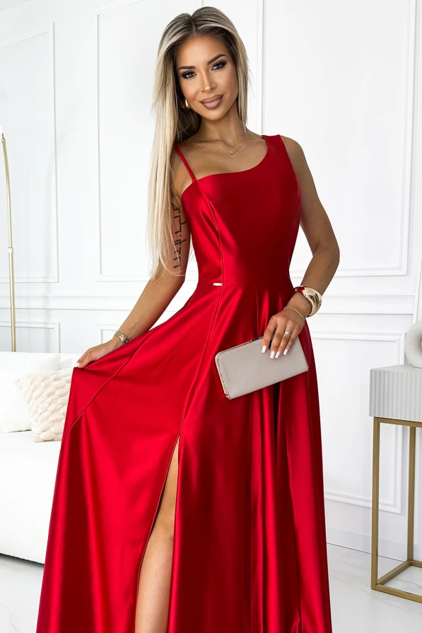 524-1 Long elegant satin one-shoulder dress - red