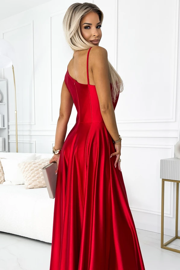 524-1 Long elegant satin one-shoulder dress - red