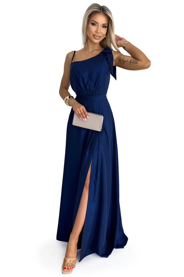 528-1 Long shiny one-shoulder dress with a bow - navy blue