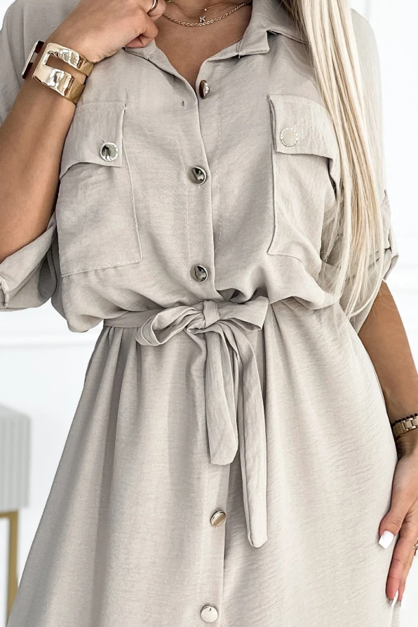 Midi shirt dress with gold buttons and ties - beige
