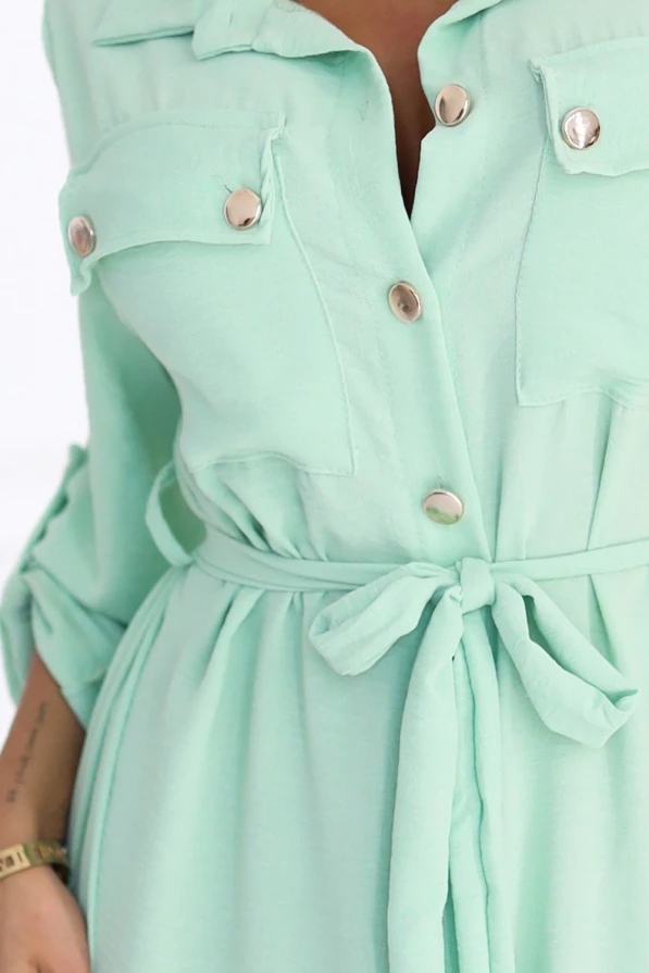 531-4 Midi Shirt Dress with Gold Buttons and Tie - Light Mint