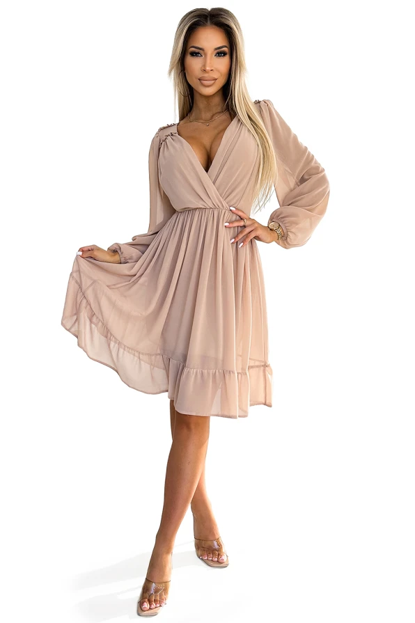 538-1 MILA Chiffon midi dress with long sleeves and neckline - beige