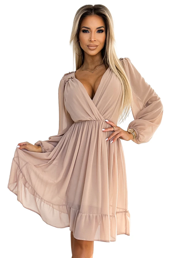 538-1 MILA Chiffon midi dress with long sleeves and neckline - beige