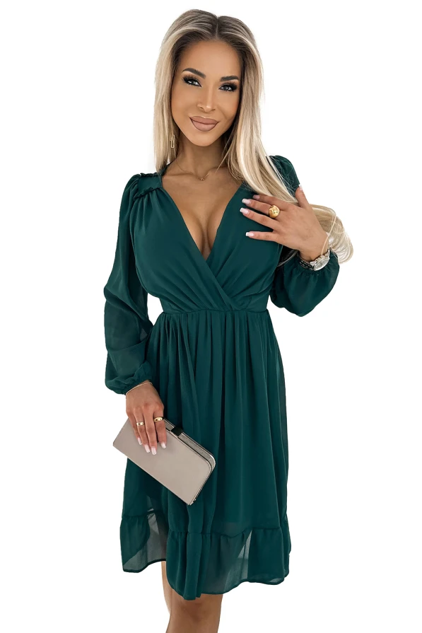 MILA Chiffon midi dress with long sleeves and neckline - green