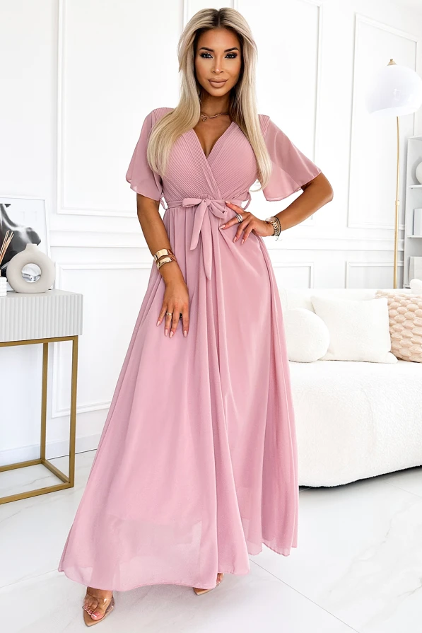 545-1 Long dress with a pleated neckline and ties - powder pink