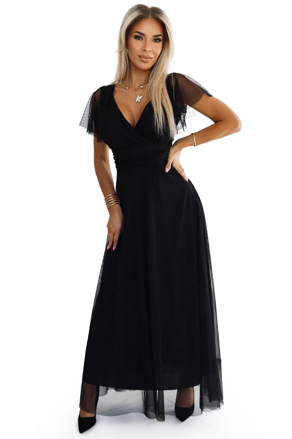 Elegant long black dress featuring a wrap-style bodice and delicate sheer sleeves. The flowing skirt adds a touch of sophistication, perfect for formal occasions.