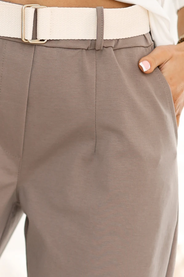 Stylish taupe trousers feature a tailored fit with a subtle pleat detail, perfect for a polished look. They are complemented by a light beige belt, adding a touch of elegance to the ensemble.